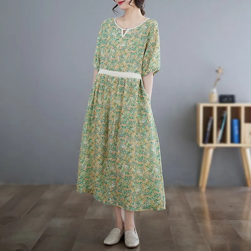 Retro Fine Count Finely Woven Tencel Ramie Print Dress