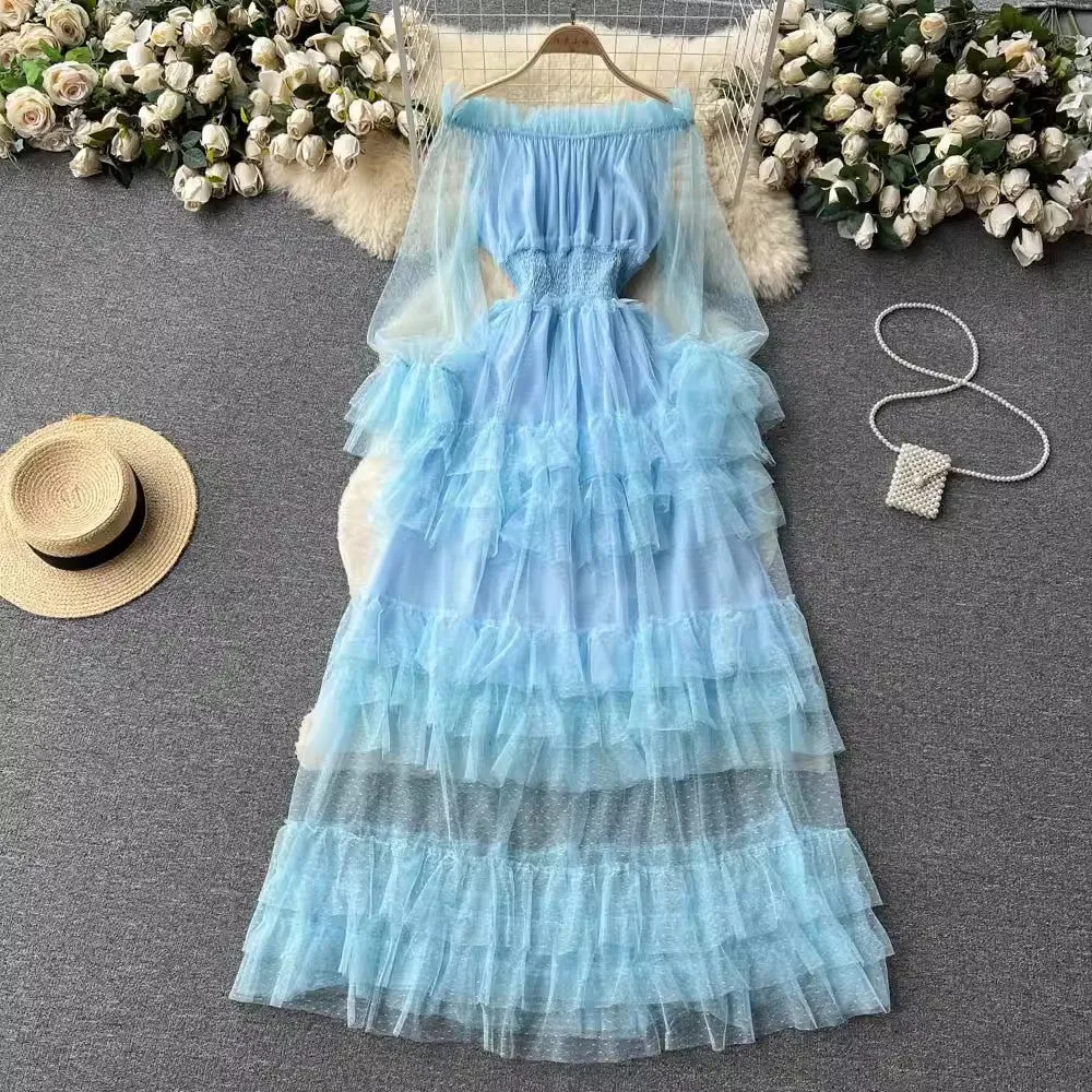 ruffled mesh cake dress for women elegant long skirt     S4557