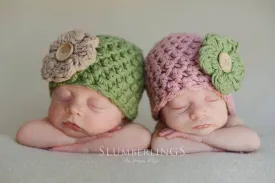 SET Vintage Cotton Baby Flower Hats Pink Sage Green Newborn Photography