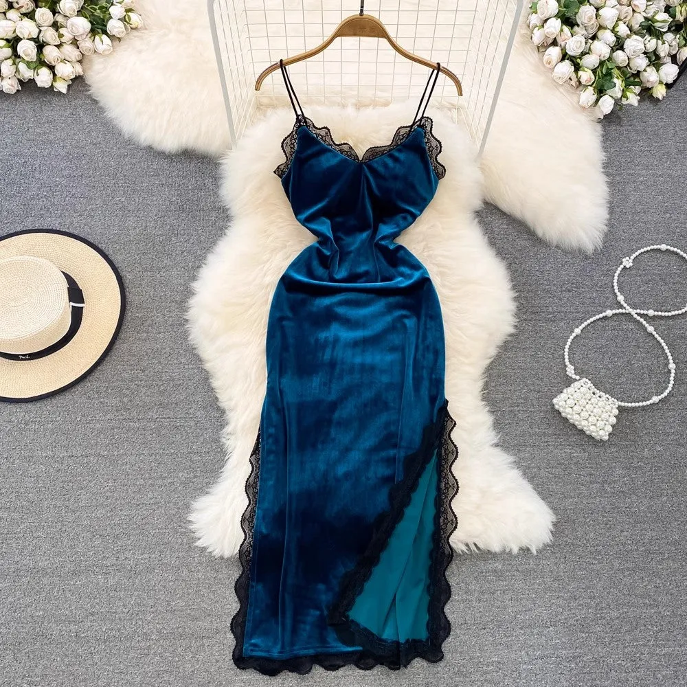 sexy side slit velvet dress    S3925