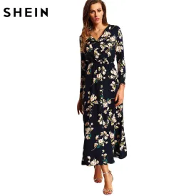 SHEIN New Arrival Boho Women Maxi Dresses Navy V Neck Long Sleeve Womens Elegant With Button Floral Long Party Dress