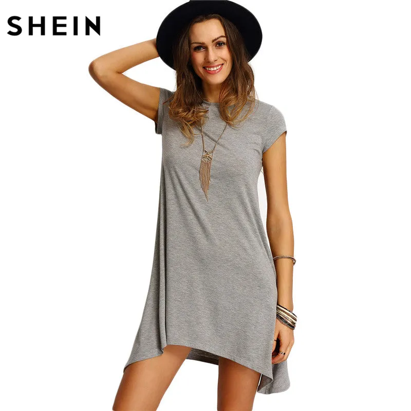 SHEIN New Arrival Womens Summer Dresses 2016 Ladies Grey Asymmetric Hem Casual Round Neck Short Sleeve Shift Tees Dress