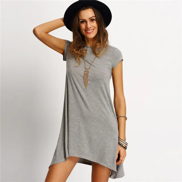 SHEIN New Arrival Womens Summer Dresses 2016 Ladies Grey Asymmetric Hem Casual Round Neck Short Sleeve Shift Tees Dress