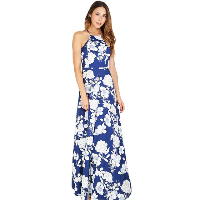 SHEIN Womens Summer Maxi Dresses New Arrival Ladies Boho Dress Sleeveless Blue Halter Neck Floral Print Vintage A Line Dress