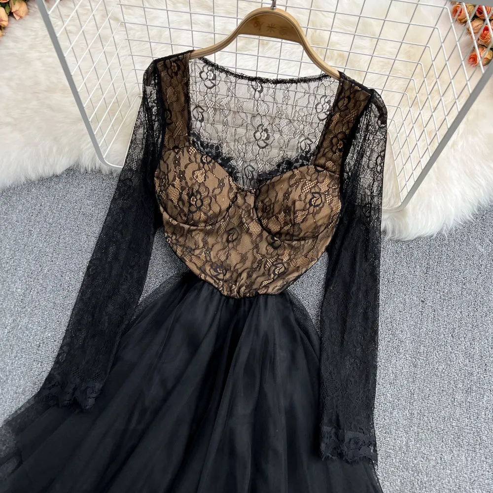 Simple irregular lace dress long sleeve fashion dress    S268