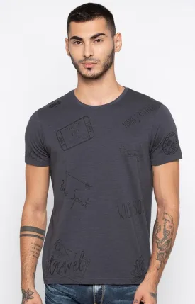 Spykar Dark Grey Printed Slim Fit Men T-Shirts