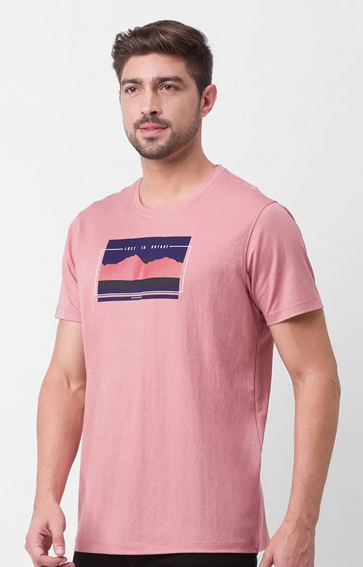 Spykar Dusty Pink Cotton Half Sleeve Printed Casual T-Shirt For Men