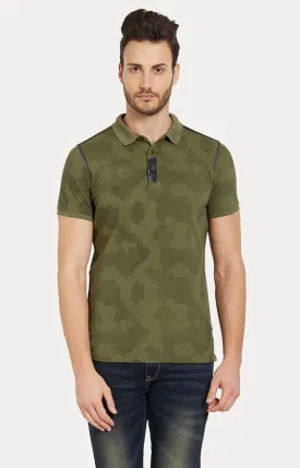 Spykar Green Camouflage Slim Fit Polo T-Shirt