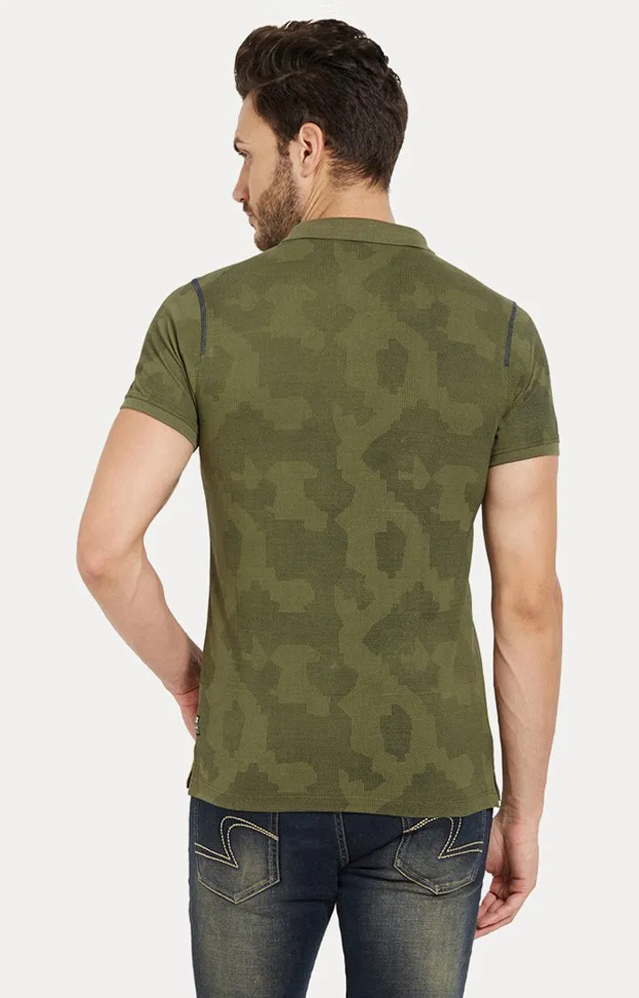 Spykar Green Camouflage Slim Fit Polo T-Shirt