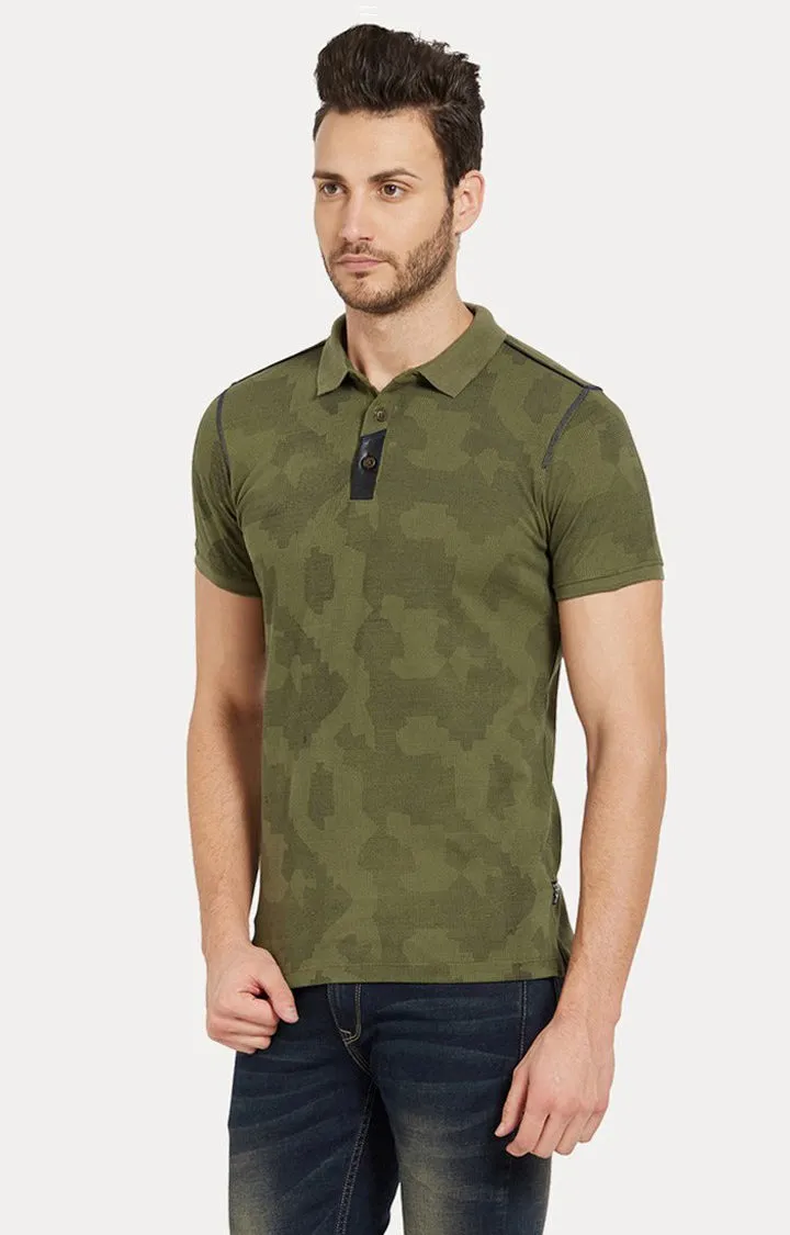 Spykar Green Camouflage Slim Fit Polo T-Shirt