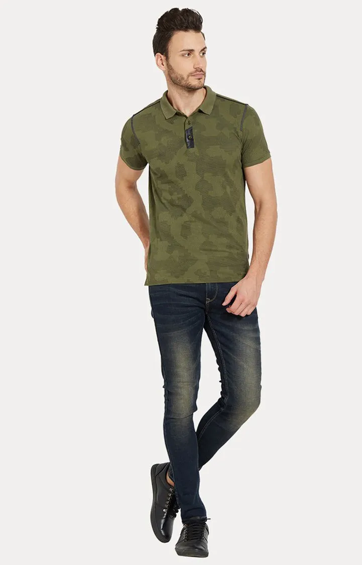 Spykar Green Camouflage Slim Fit Polo T-Shirt