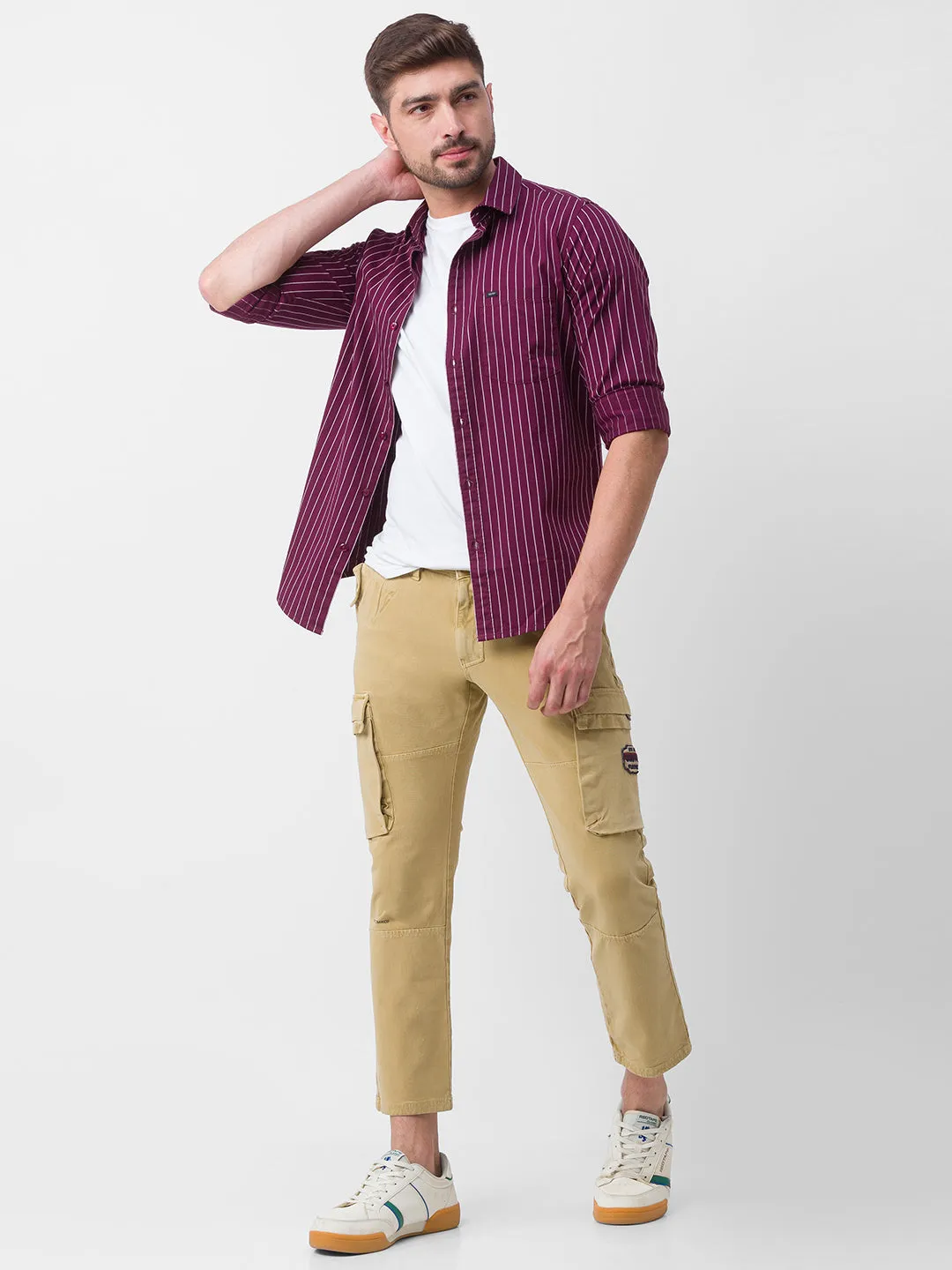 Spykar Khaki Cotton Slim Fit Regular Length Trouser For Men