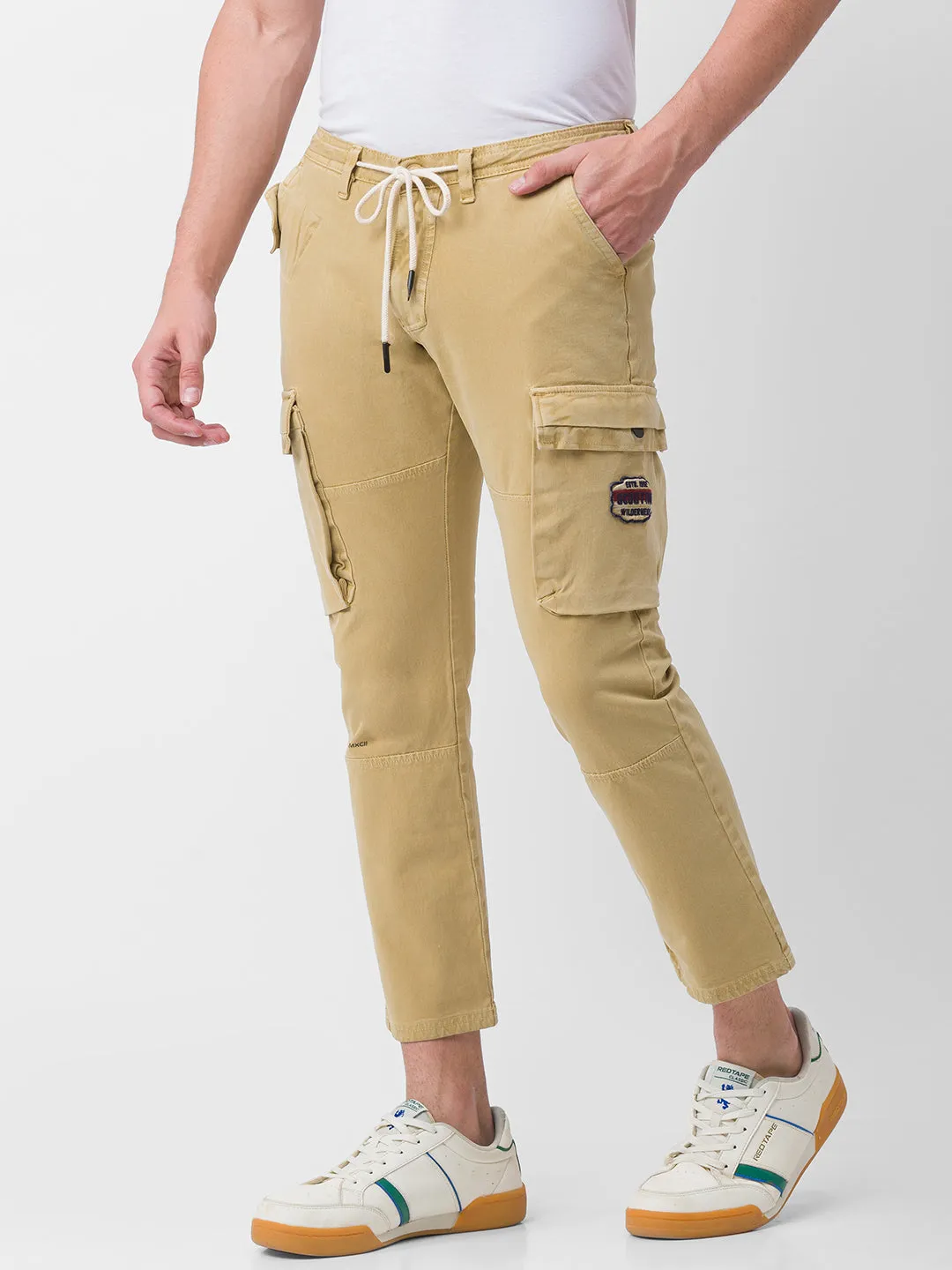 Spykar Khaki Cotton Slim Fit Regular Length Trouser For Men