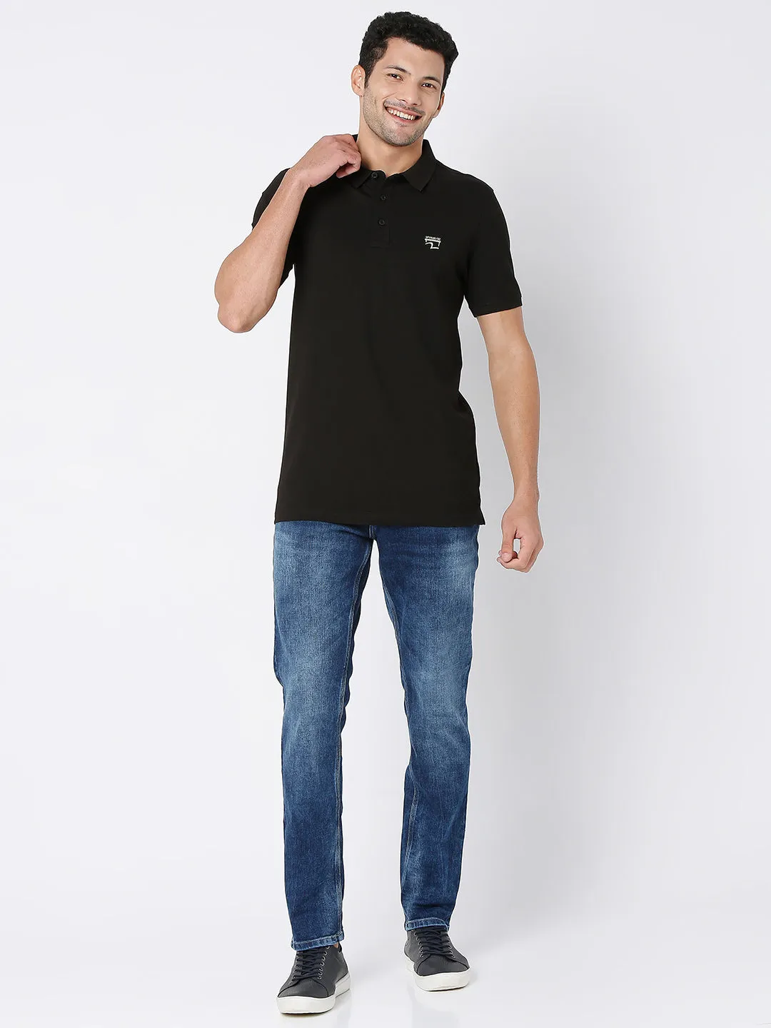 Spykar Men Black Cotton Half Sleeve Plain Casual Polo Tshirt