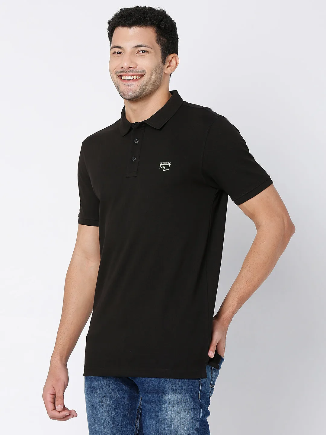 Spykar Men Black Cotton Half Sleeve Plain Casual Polo Tshirt