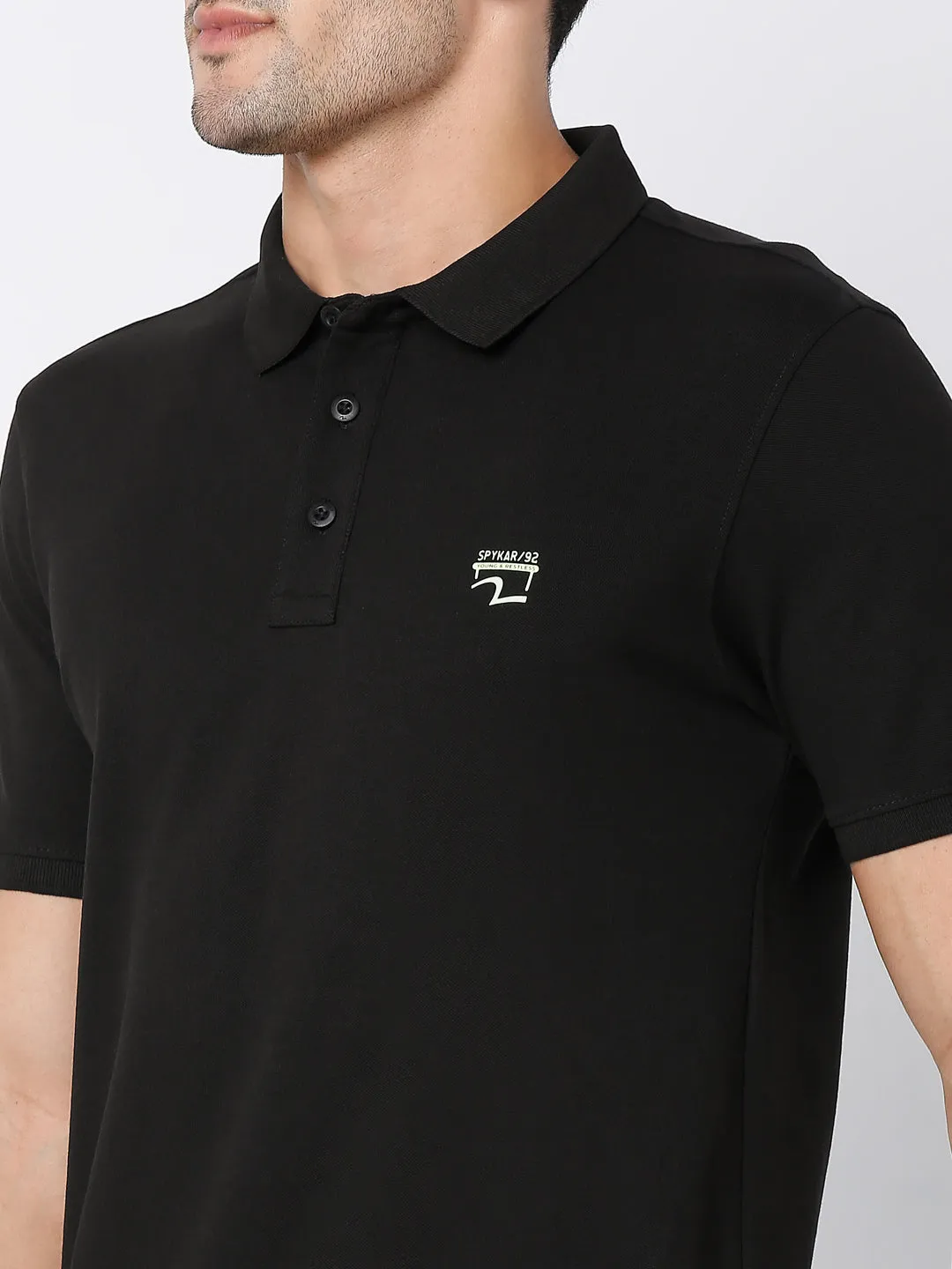 Spykar Men Black Cotton Half Sleeve Plain Casual Polo Tshirt