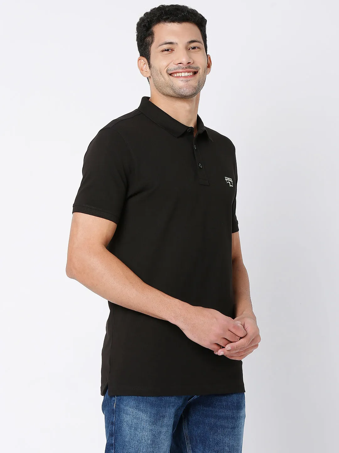 Spykar Men Black Cotton Half Sleeve Plain Casual Polo Tshirt