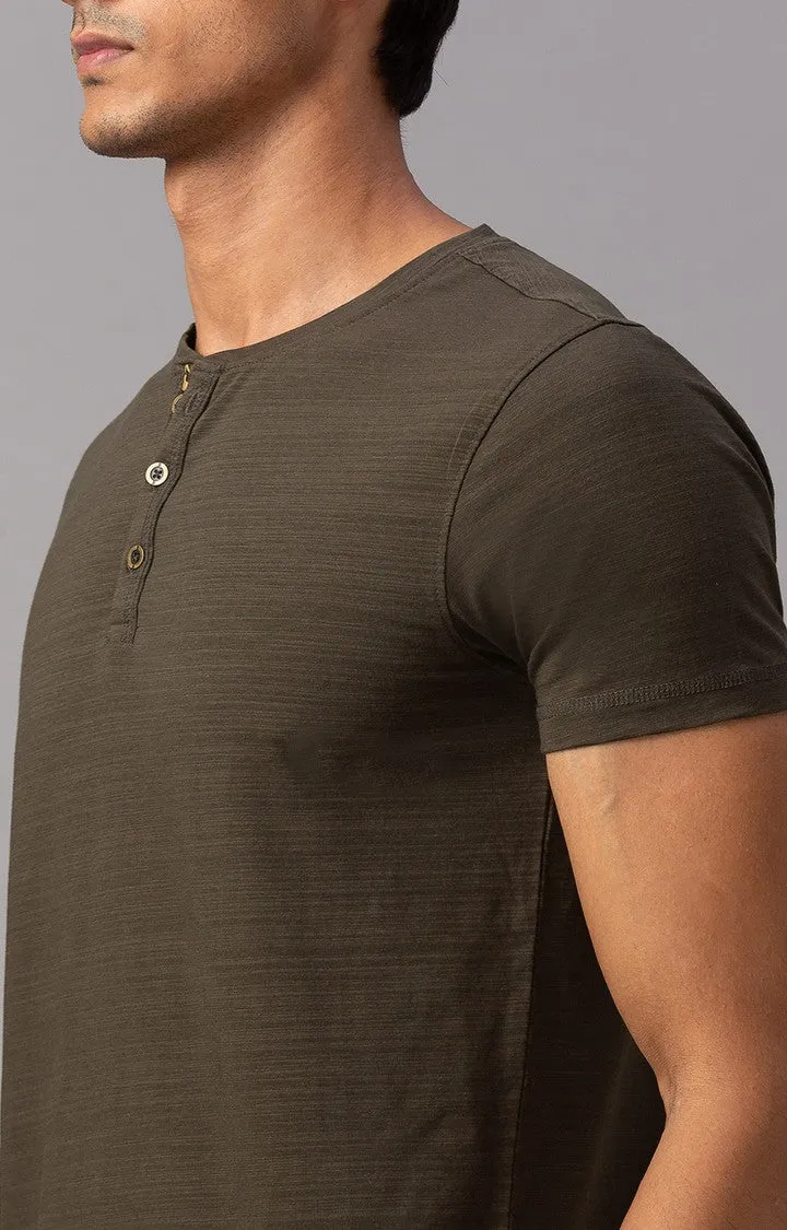 Spykar Men Dark Olive Cotton M and arin Collar Plain T-Shirt