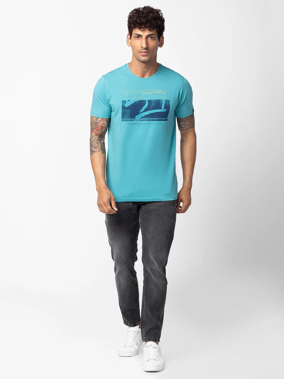 Spykar Men Dusty Turquoise Cotton Regular Fit Half Sleeve Printed T-Shirt