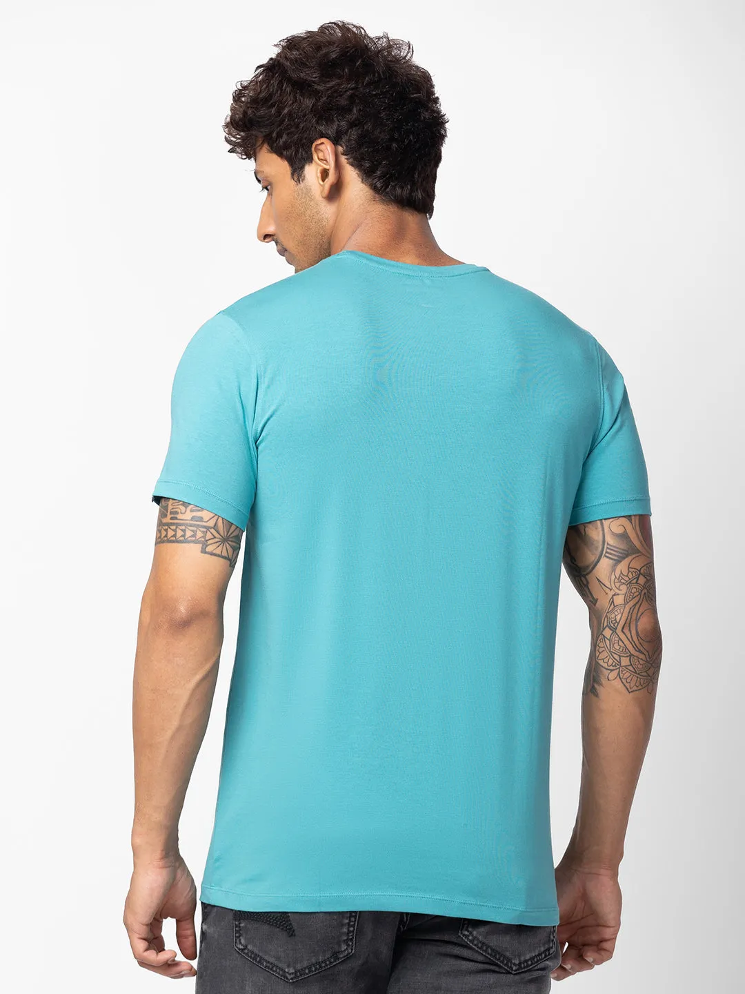 Spykar Men Dusty Turquoise Cotton Regular Fit Half Sleeve Printed T-Shirt