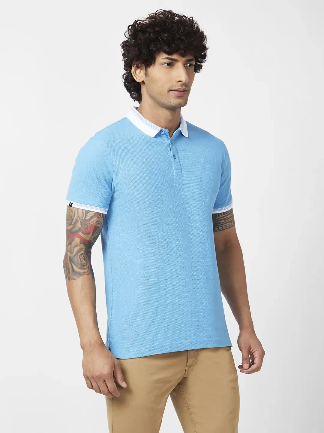 Spykar Men Haze Blue Blended Slim Fit Half Sleeve Polo Neck Plain Tshirt