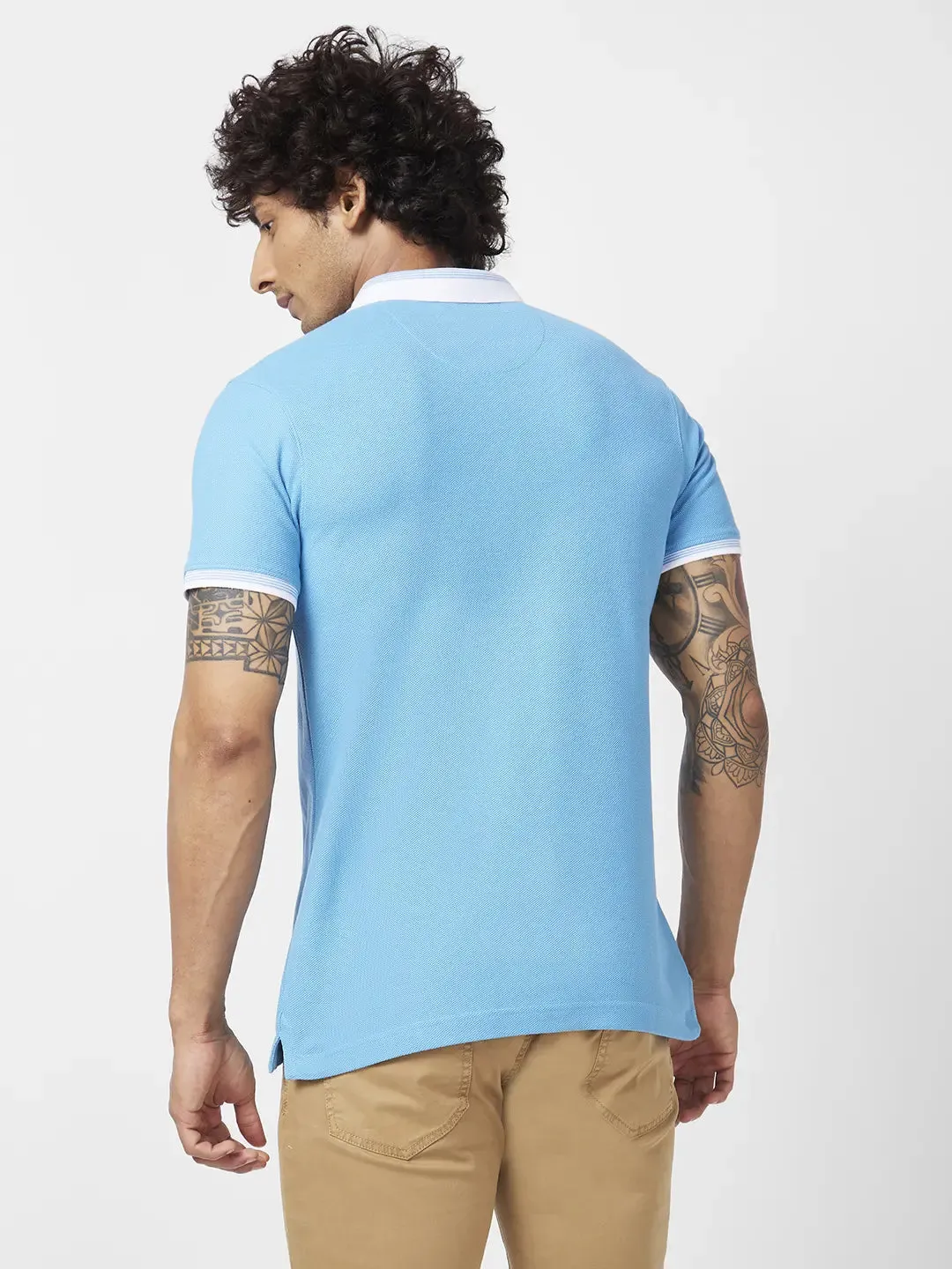 Spykar Men Haze Blue Blended Slim Fit Half Sleeve Polo Neck Plain Tshirt