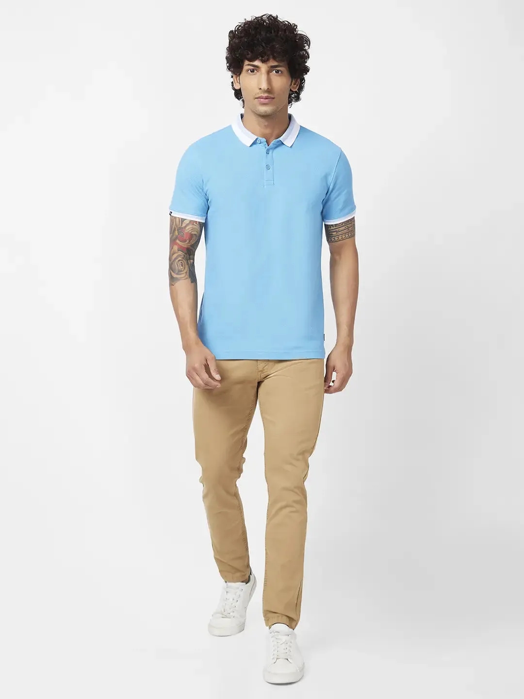 Spykar Men Haze Blue Blended Slim Fit Half Sleeve Polo Neck Plain Tshirt