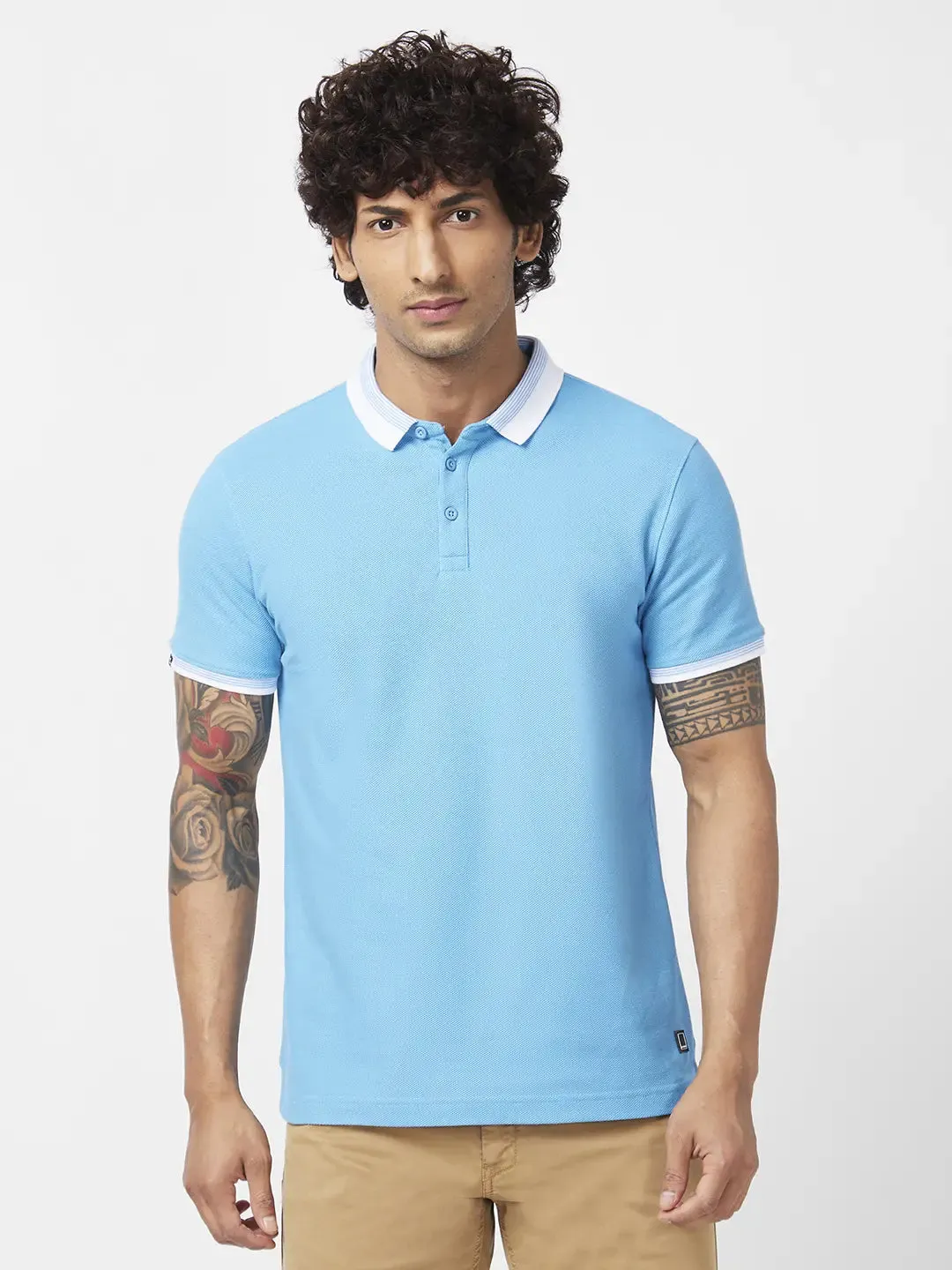 Spykar Men Haze Blue Blended Slim Fit Half Sleeve Polo Neck Plain Tshirt