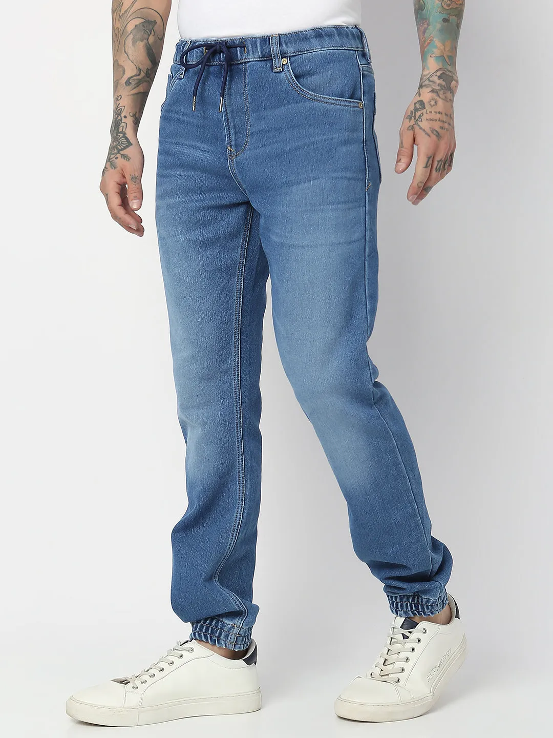 Spykar Men Light Blue Cotton Regular Fit Tapered Length Jeans (Jogger)