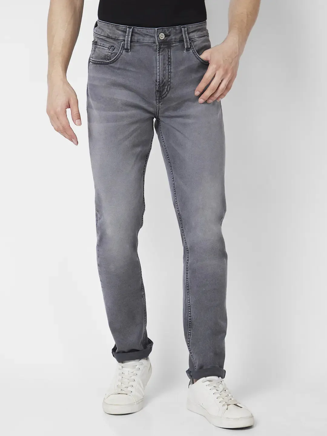 Spykar Men Light Grey Cotton Stretch Regular Fit Narrow Length Clean Look Mid Rise Jeans (Rover)