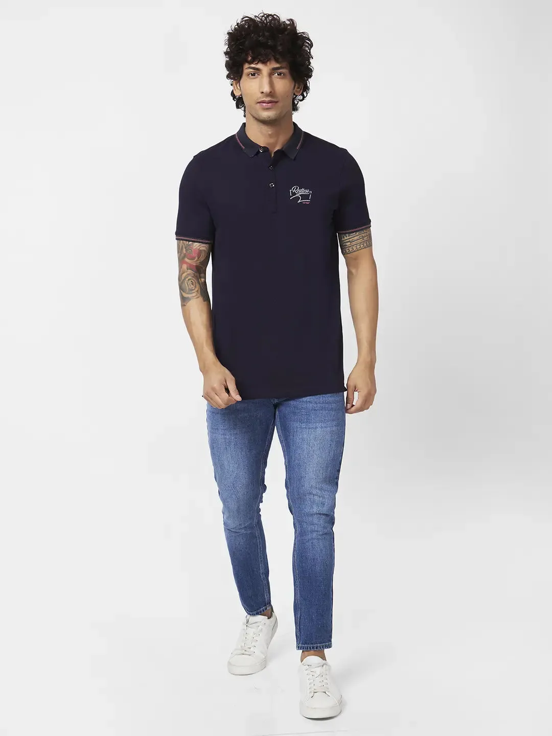 Spykar Men Navy Blue Blended Slim Fit Half Sleeve Polo Neck Plain Tshirt