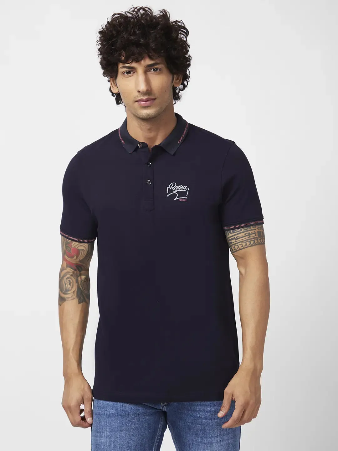 Spykar Men Navy Blue Blended Slim Fit Half Sleeve Polo Neck Plain Tshirt