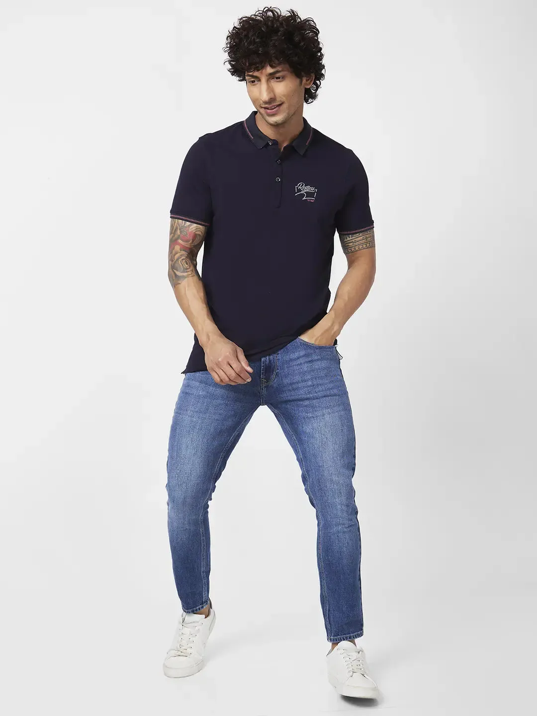 Spykar Men Navy Blue Blended Slim Fit Half Sleeve Polo Neck Plain Tshirt