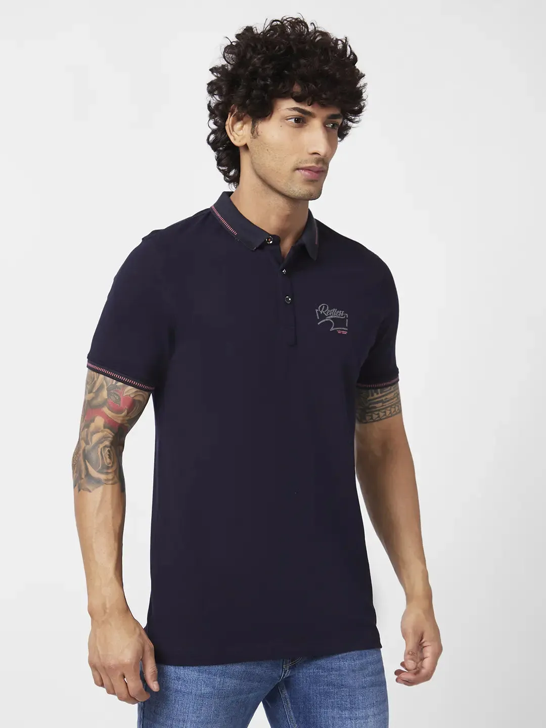 Spykar Men Navy Blue Blended Slim Fit Half Sleeve Polo Neck Plain Tshirt