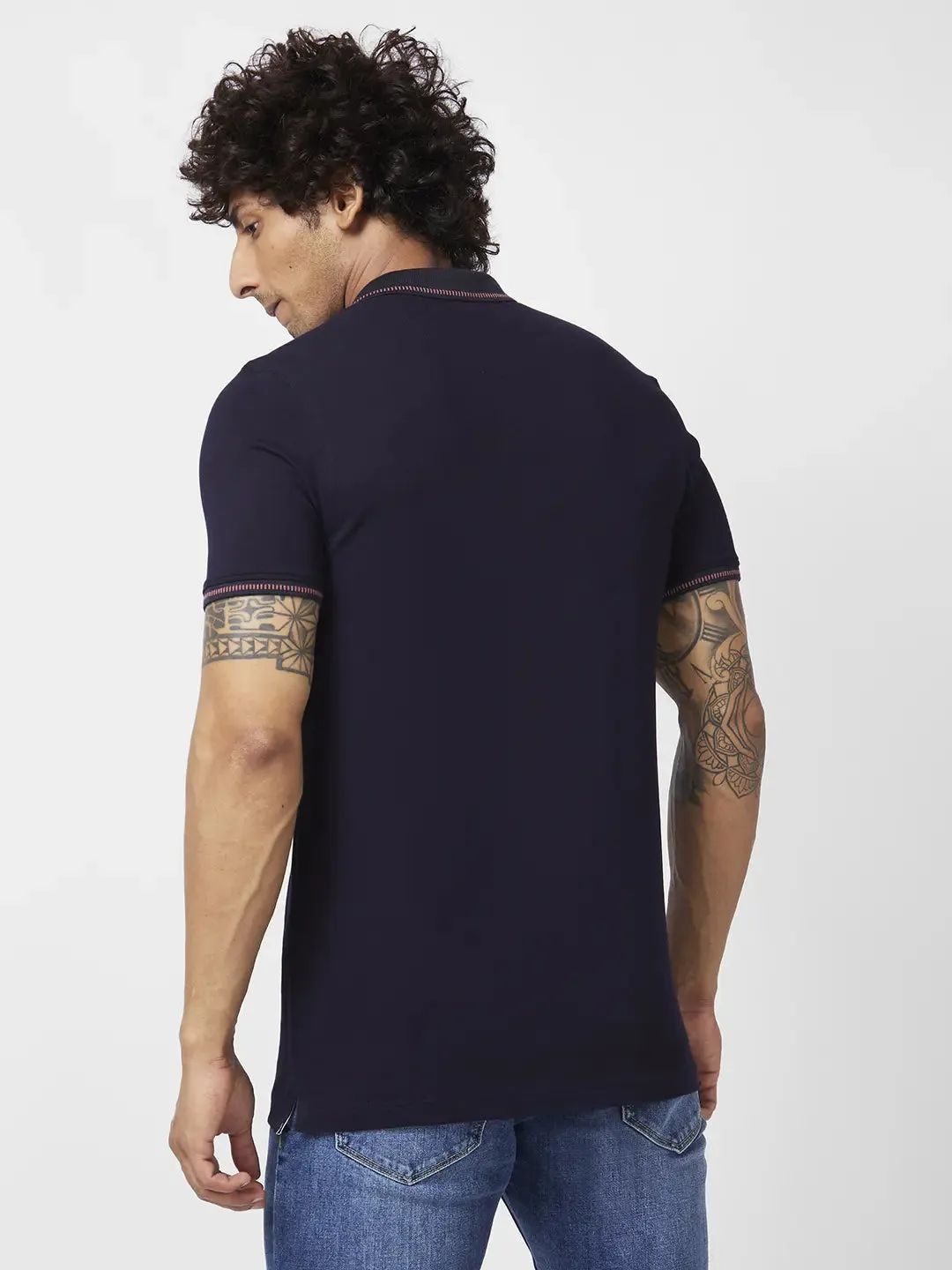 Spykar Men Navy Blue Blended Slim Fit Half Sleeve Polo Neck Plain Tshirt