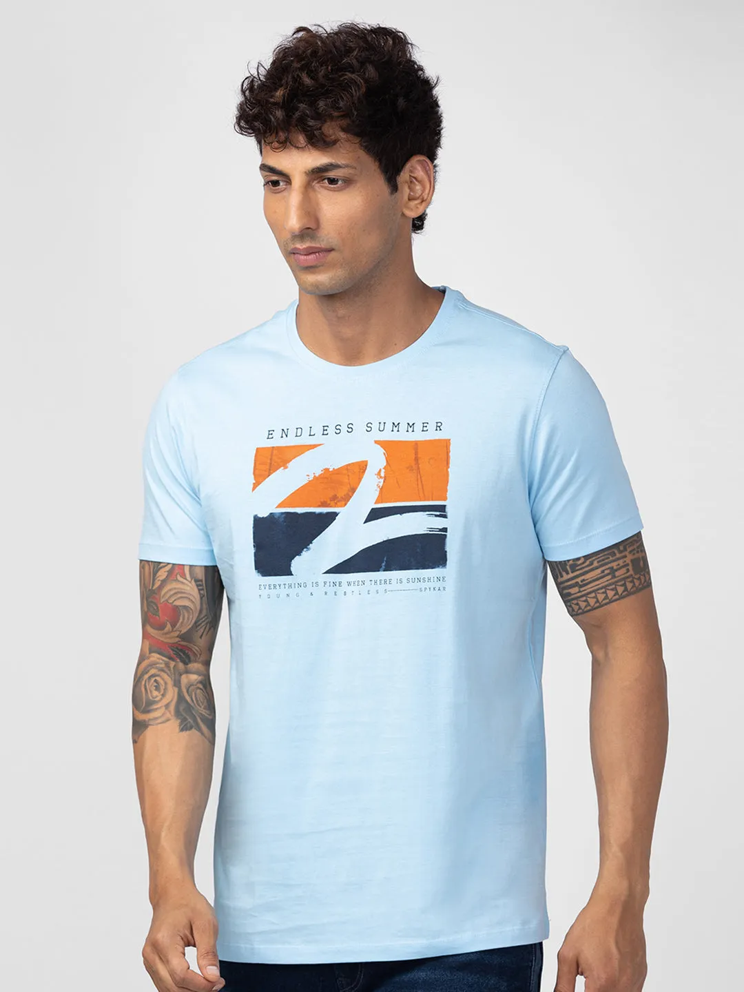 Spykar Men Powder Blue Cotton Regular Fit Half Sleeve Printed T-Shirt