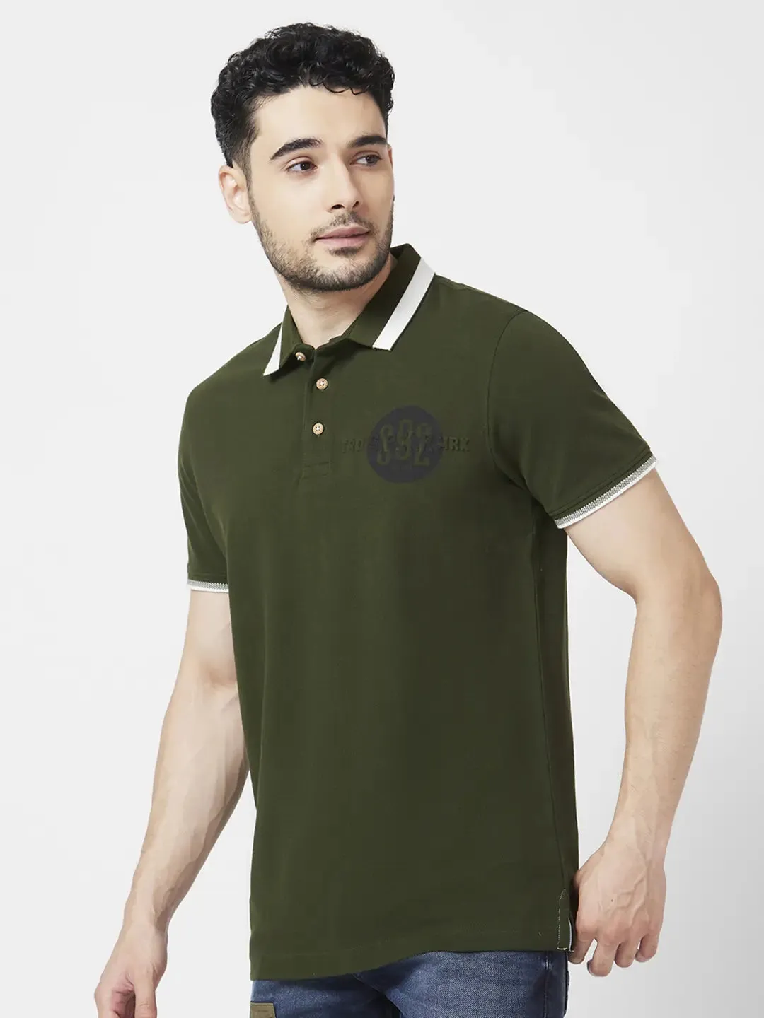 Spykar Men Rifle Green Cotton Slim Fit Half Sleeve Polo Neck Plain Tshirt