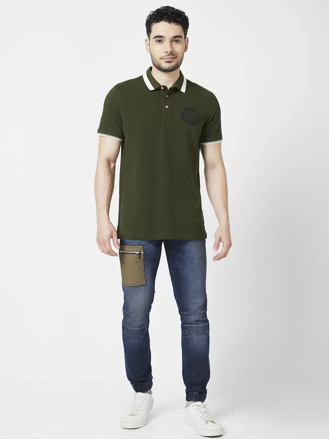 Spykar Men Rifle Green Cotton Slim Fit Half Sleeve Polo Neck Plain Tshirt