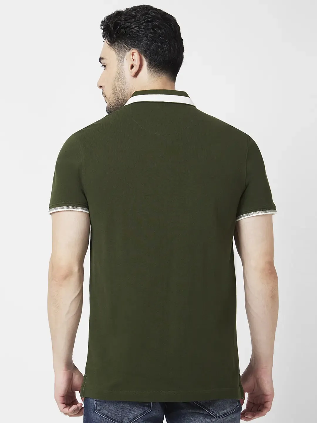 Spykar Men Rifle Green Cotton Slim Fit Half Sleeve Polo Neck Plain Tshirt