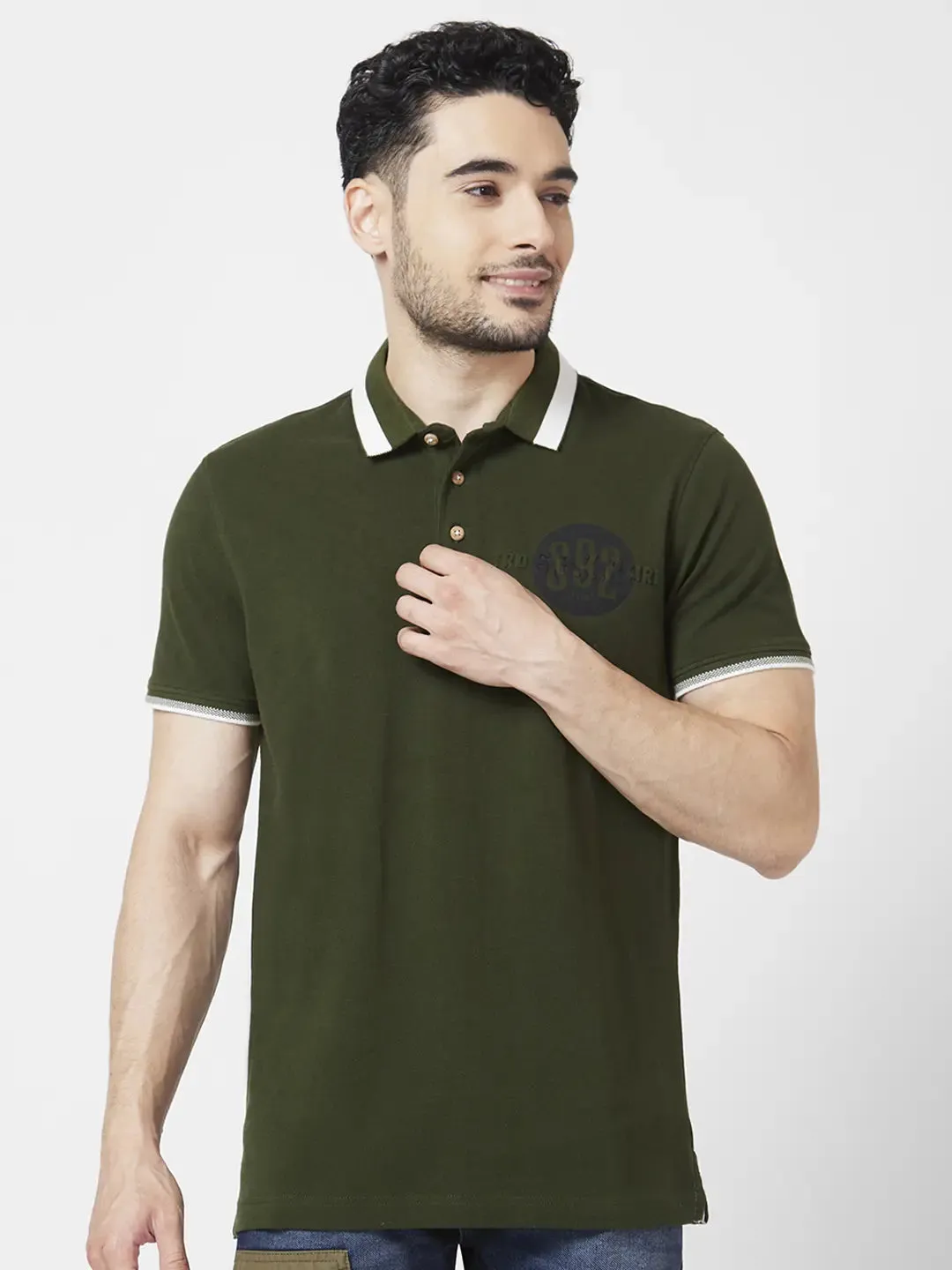 Spykar Men Rifle Green Cotton Slim Fit Half Sleeve Polo Neck Plain Tshirt