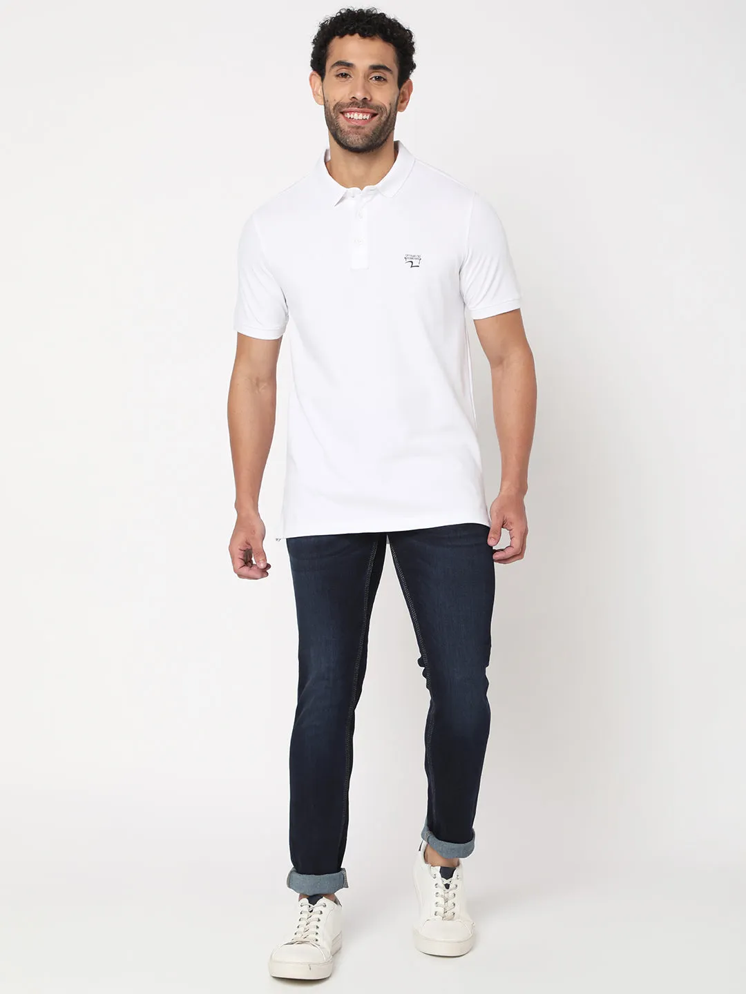 Spykar Men White Cotton Half Sleeve Plain Casual Polo Tshirt