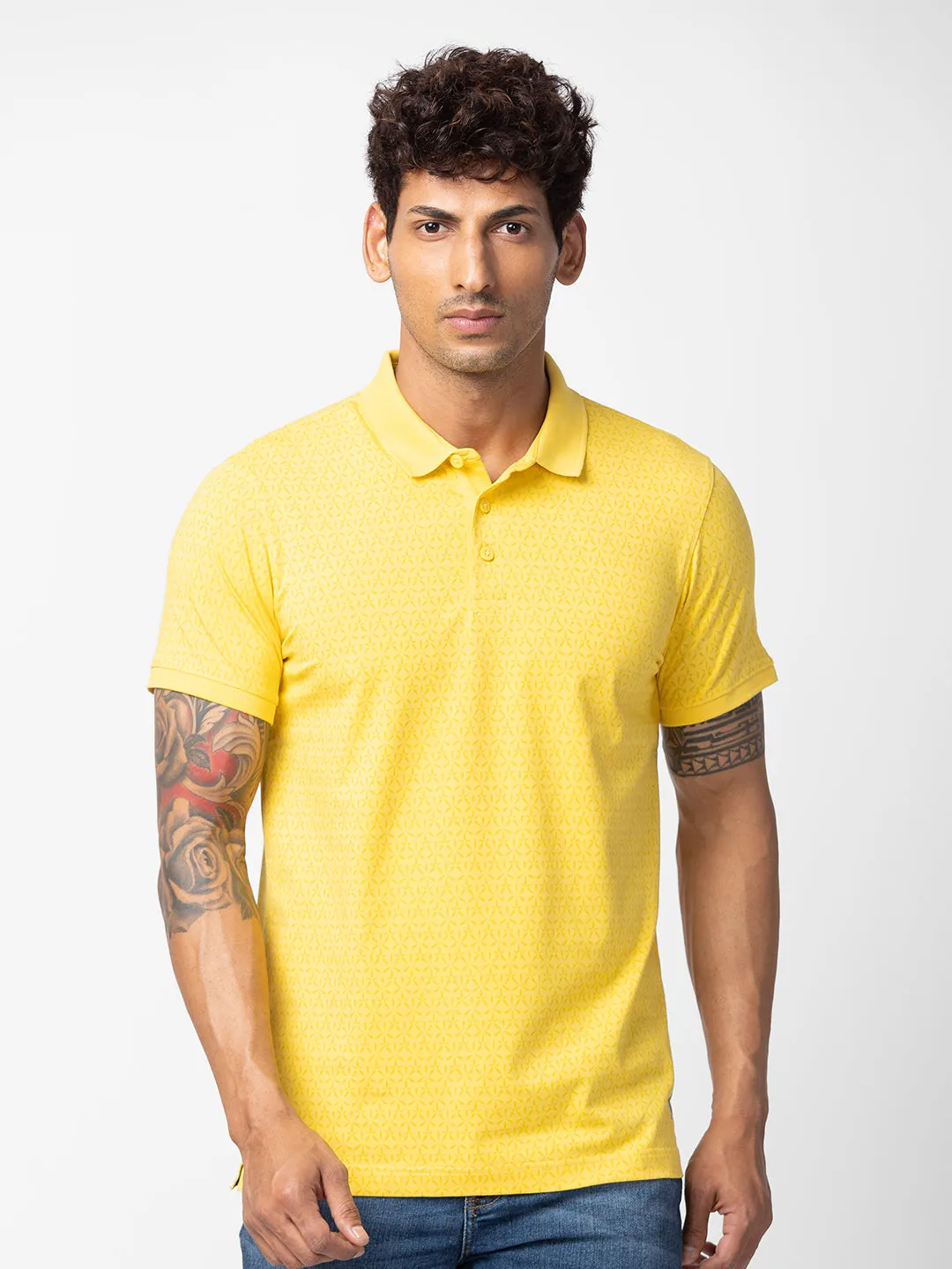 Spykar Men Yellow Cotton Regular Fit Half Sleeve Printed Polo T-Shirt