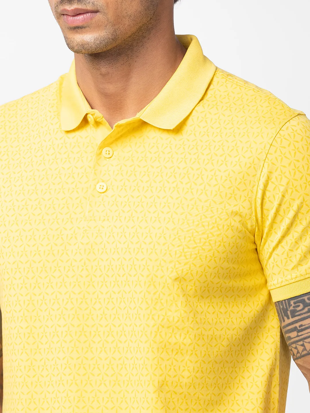 Spykar Men Yellow Cotton Regular Fit Half Sleeve Printed Polo T-Shirt