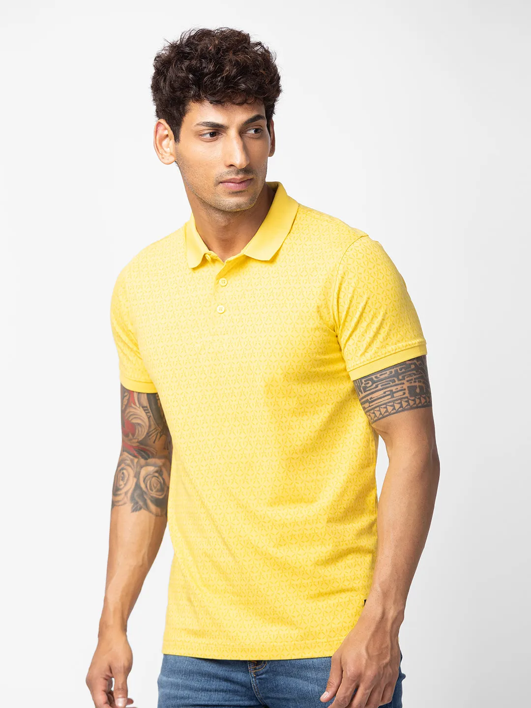 Spykar Men Yellow Cotton Regular Fit Half Sleeve Printed Polo T-Shirt