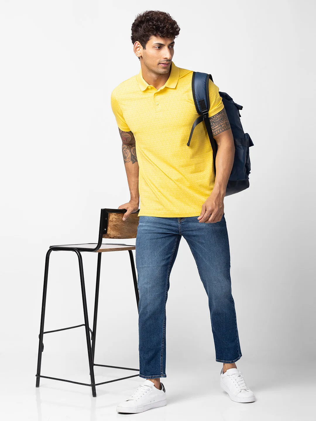 Spykar Men Yellow Cotton Regular Fit Half Sleeve Printed Polo T-Shirt