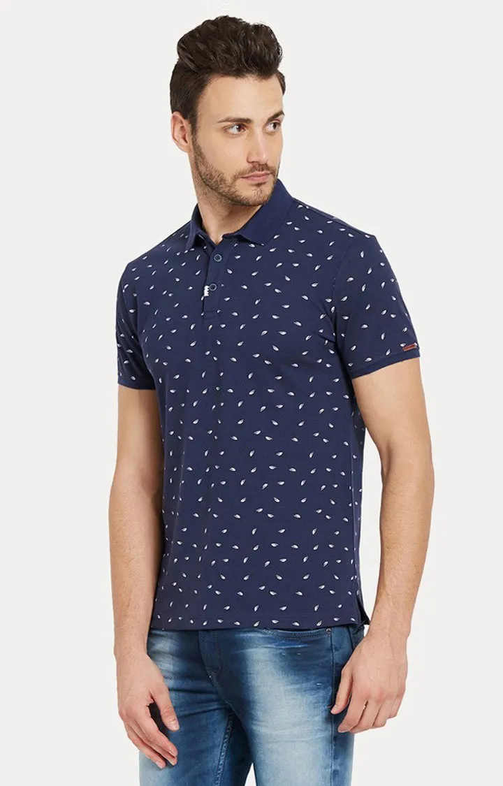 Spykar Navy Printed Slim Fit Polo T-Shirt