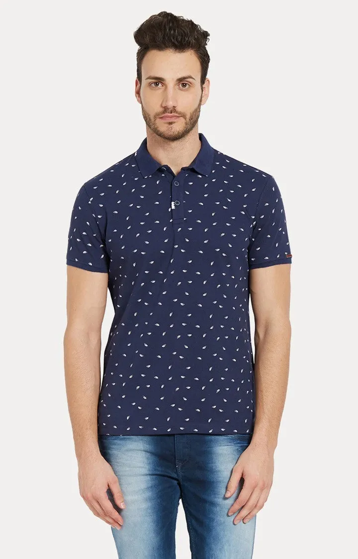 Spykar Navy Printed Slim Fit Polo T-Shirt