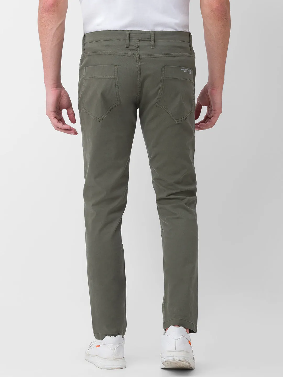 Spykar Olive Green Cotton Slim Fit Tapered Length Trouser For Men