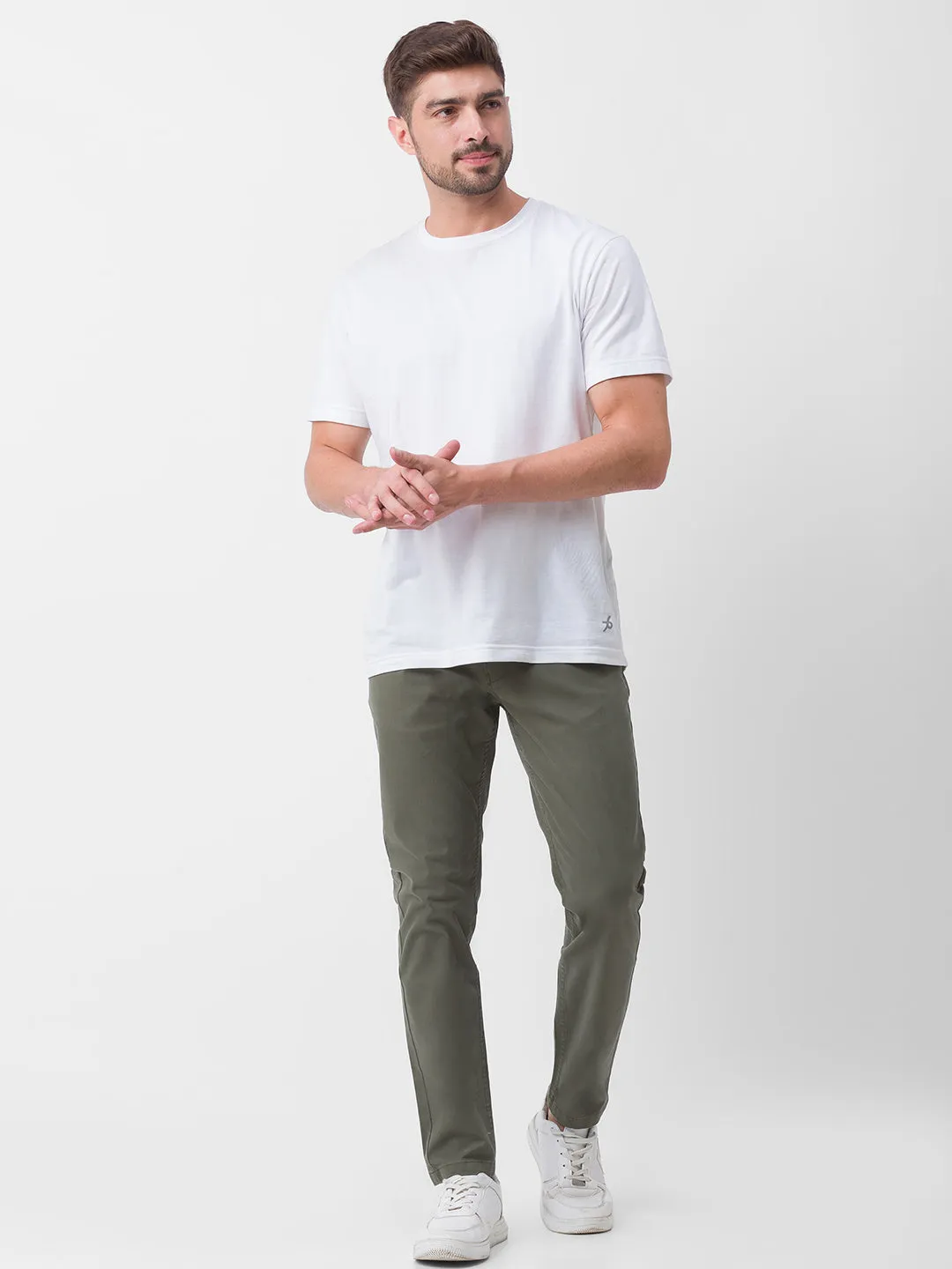 Spykar Olive Green Cotton Slim Fit Tapered Length Trouser For Men