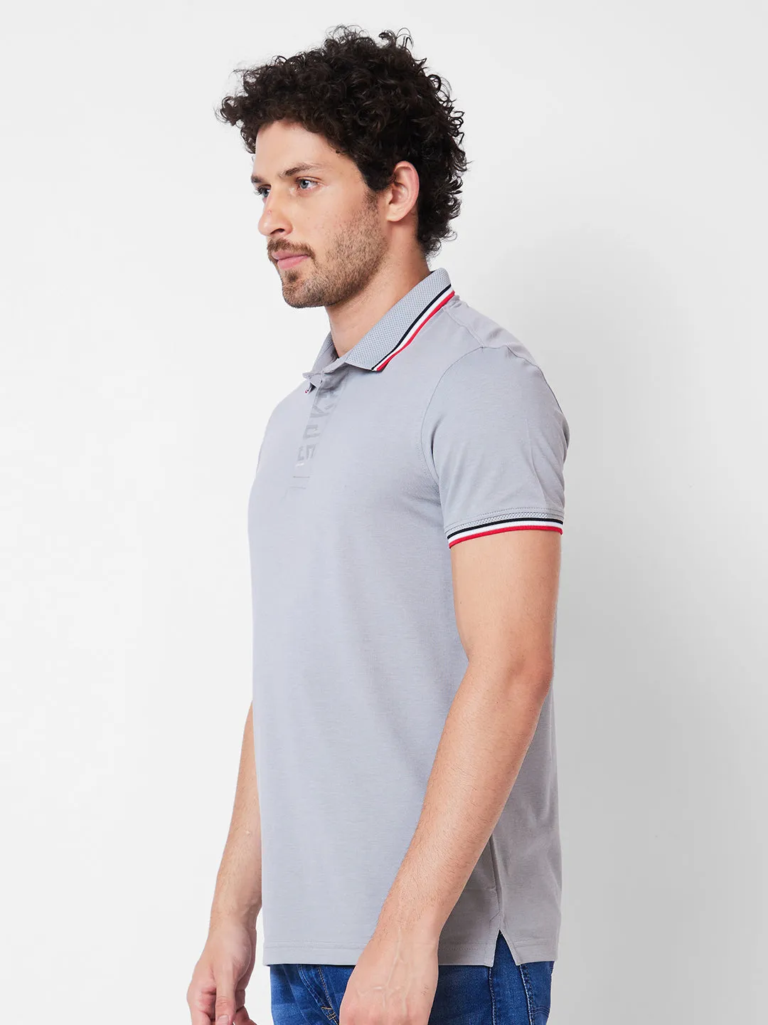 Spykar Polo Collar Half Sleeves Grey T-Shirt  For Men